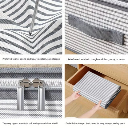 Collage of a striped storage bag with features highlighted on a white background.