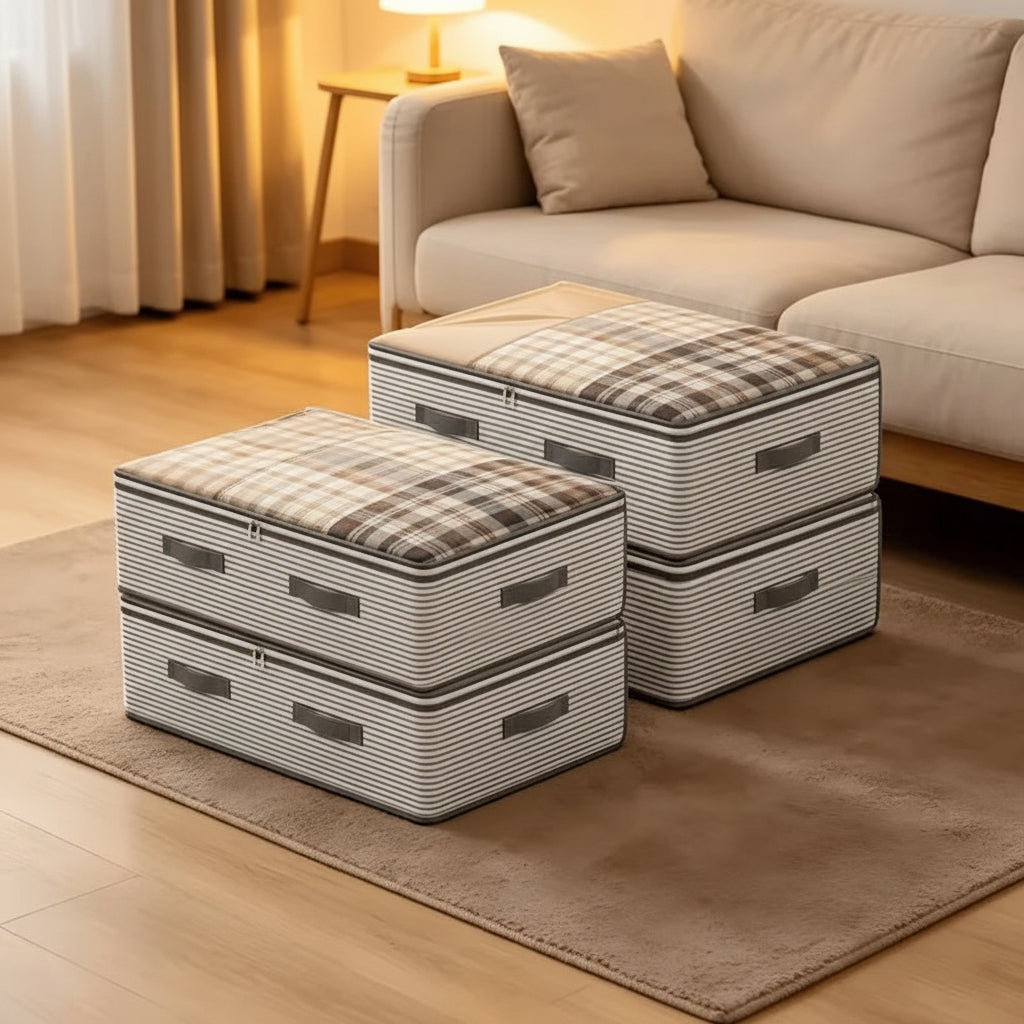 Two striped fabric storage ottomans with quilted top panels, styled in a warm living room next to a beige sofa on a brown rug.