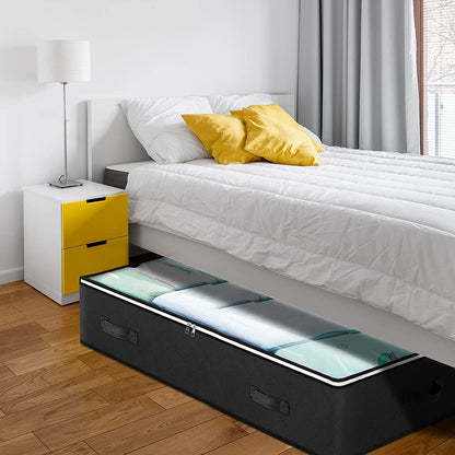 Bed with a pull-out storage drawer in a bedroom setting.