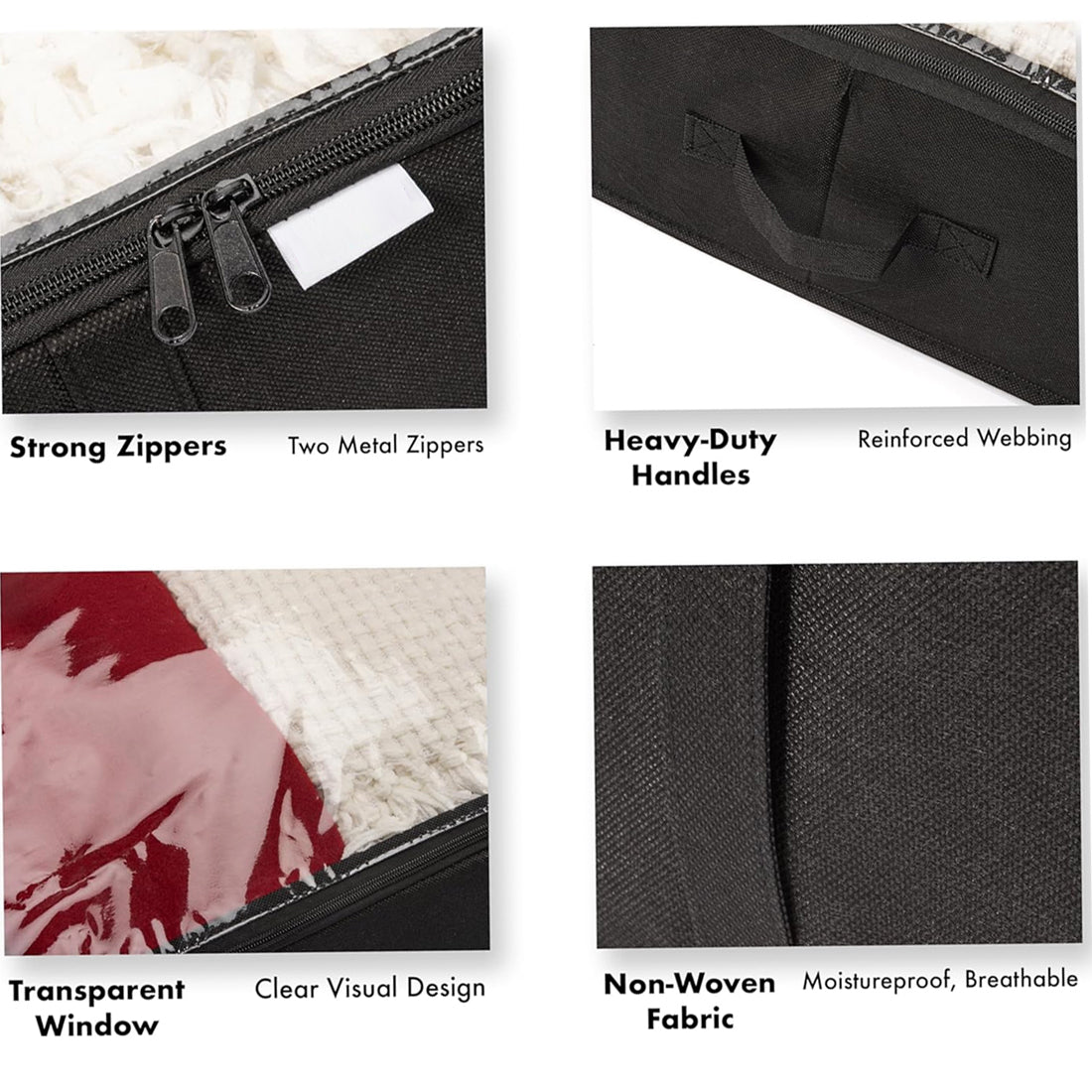Product features including strong zippers, heavy-duty handles, transparent window, and non-woven fabric on a textured background.