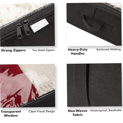 Product features including strong zippers, heavy-duty handles, transparent window, and non-woven fabric on a textured background.