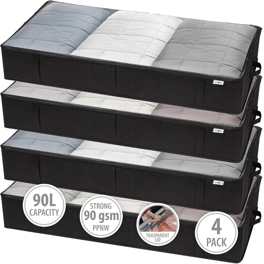 Four black storage boxes with gray lids on a white background, featuring capacity and strength details.