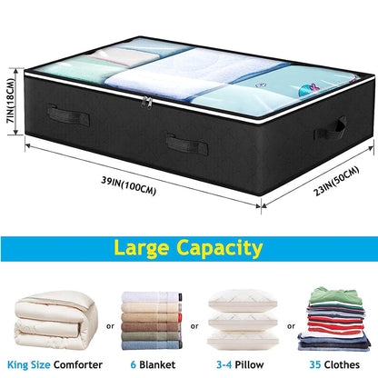 Black storage bag with dimensions and capacity details for bedding and clothes.