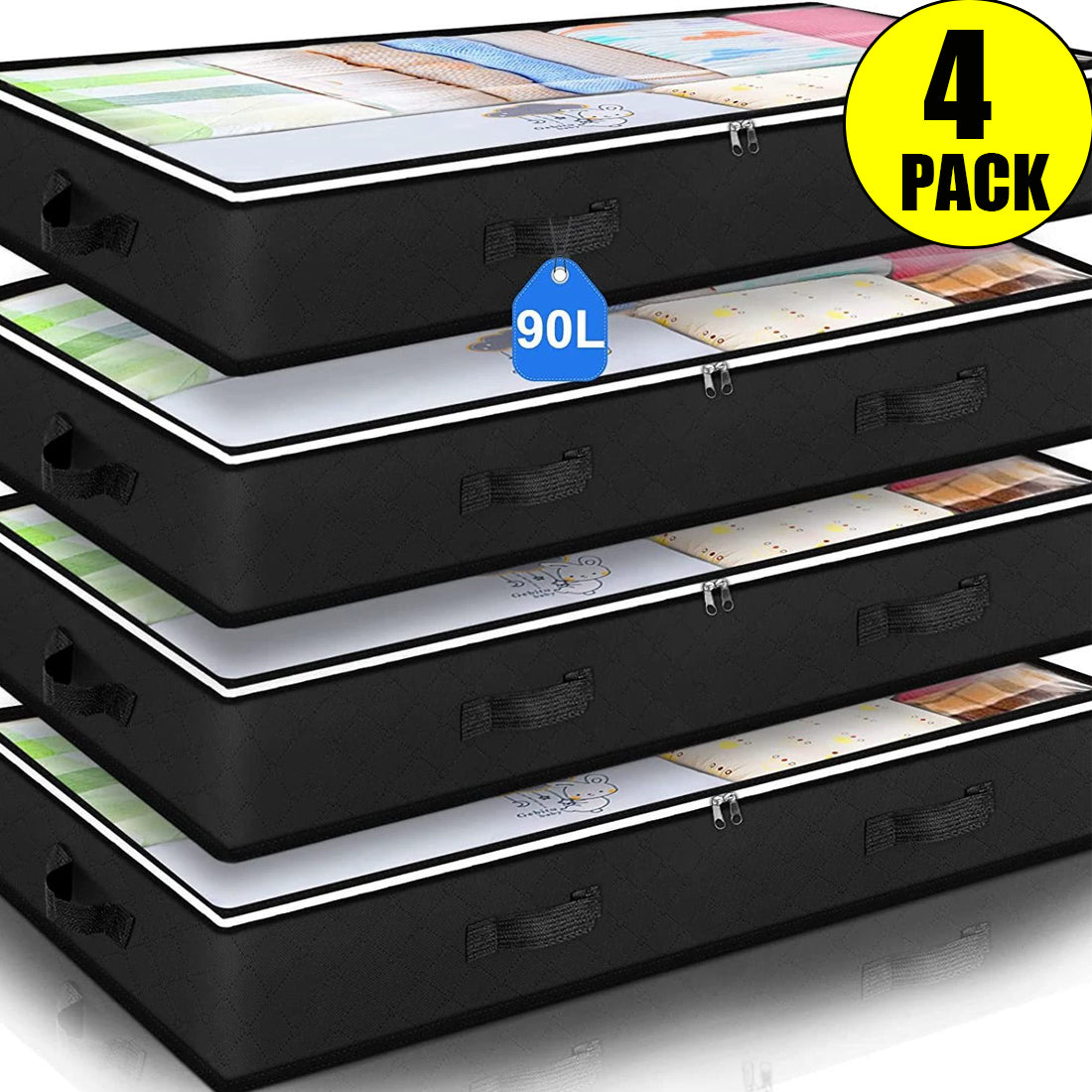 Four black mattresses stacked on a white background with '4 Pack' and '90L' labels.