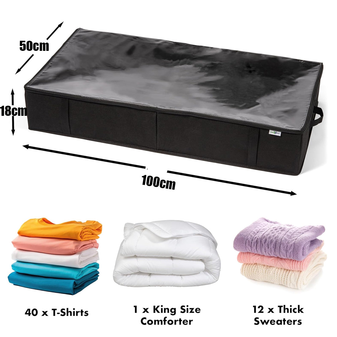 Black underbed storage bag with dimensions and capacity for clothing shown below.