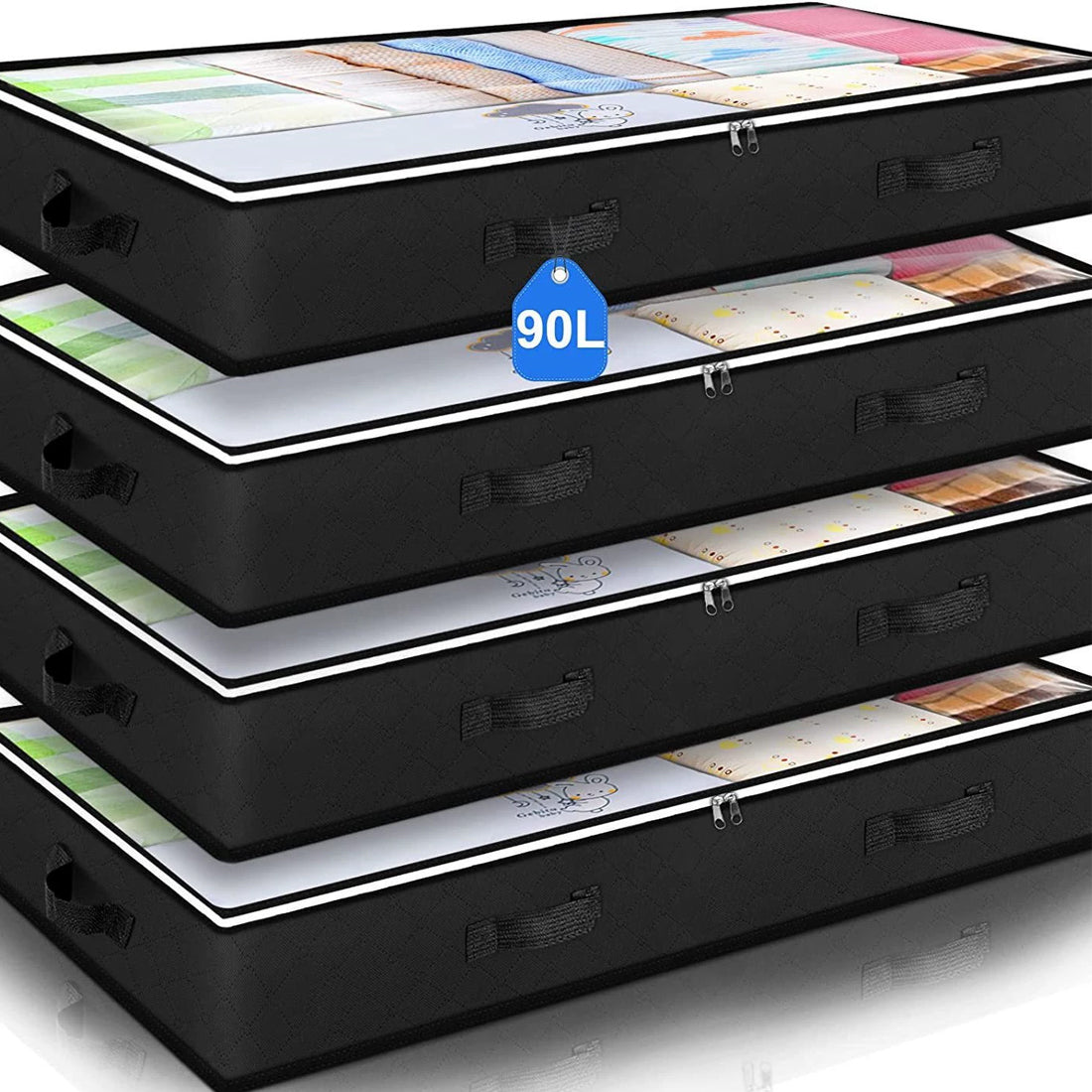 Stack of black storage boxes with colorful labels on a white background
