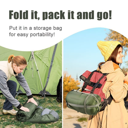 Person packing a sleeping bag into a storage bag with text 'Fold it, pack it and go!'.