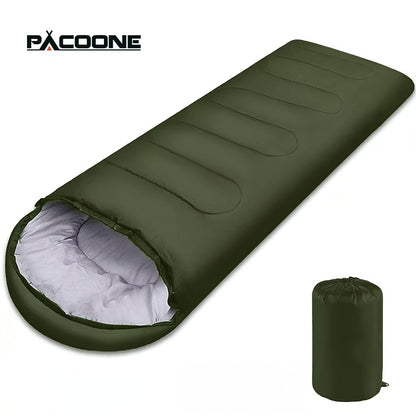 Green sleeping bag with white interior and matching storage bag on a white background, featuring the Pacoone brand.