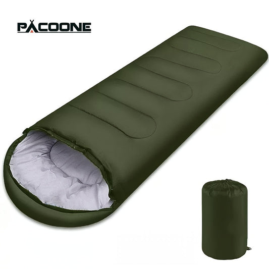 Green sleeping bag with white interior and matching storage bag on a white background, featuring the Pacoone brand.