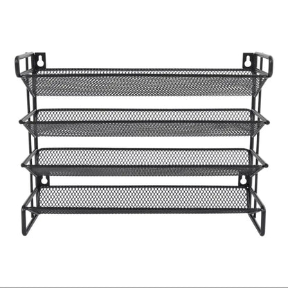 Black metal mesh shelf with three tiers on a white background