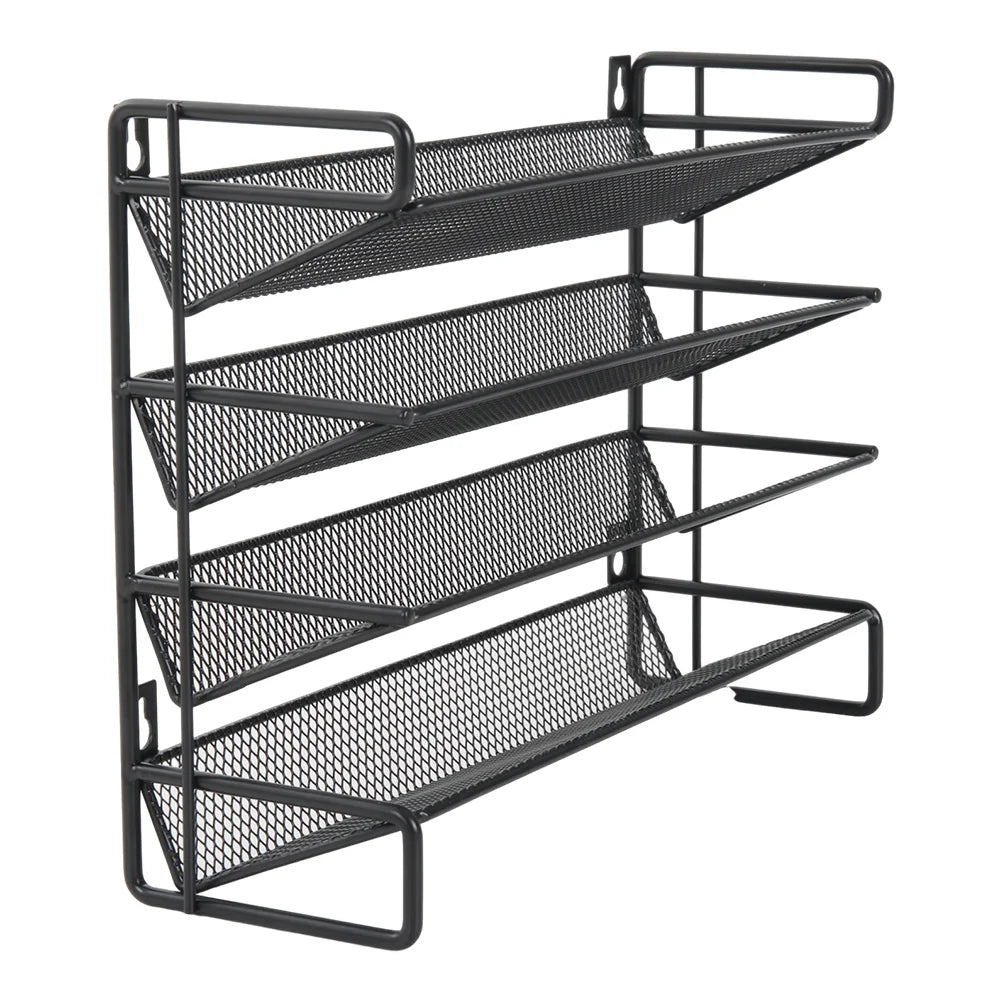 Black mesh wall-mounted organizer with three shelves on a white background