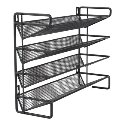 Black mesh wall-mounted organizer with three shelves on a white background