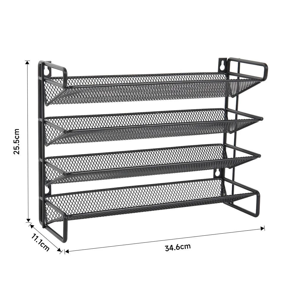 Black metal shoe rack with dimensions on a white background