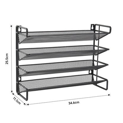 Black metal shoe rack with dimensions on a white background