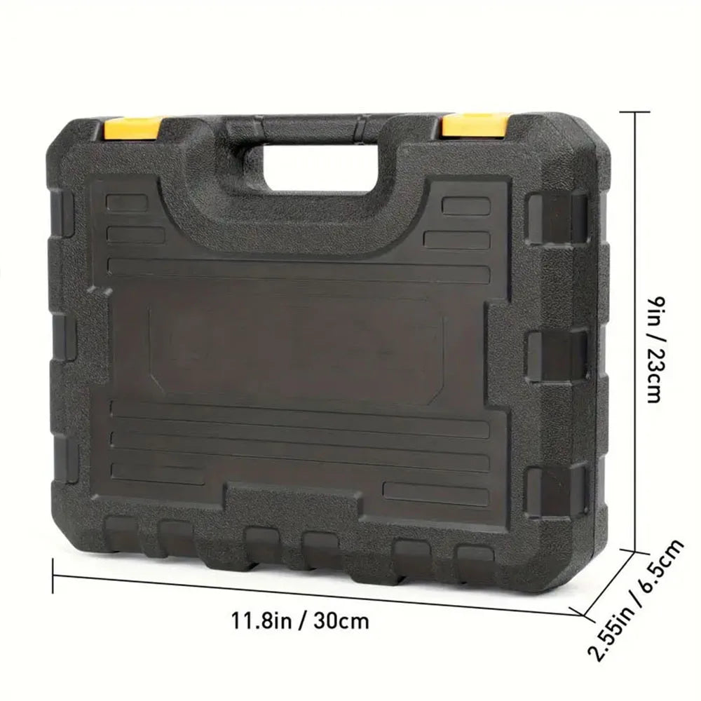 Black tool case with yellow handles and dimensions on a white background