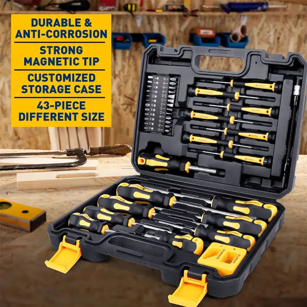 43-piece screwdriver set in a black and yellow case with a workshop background.