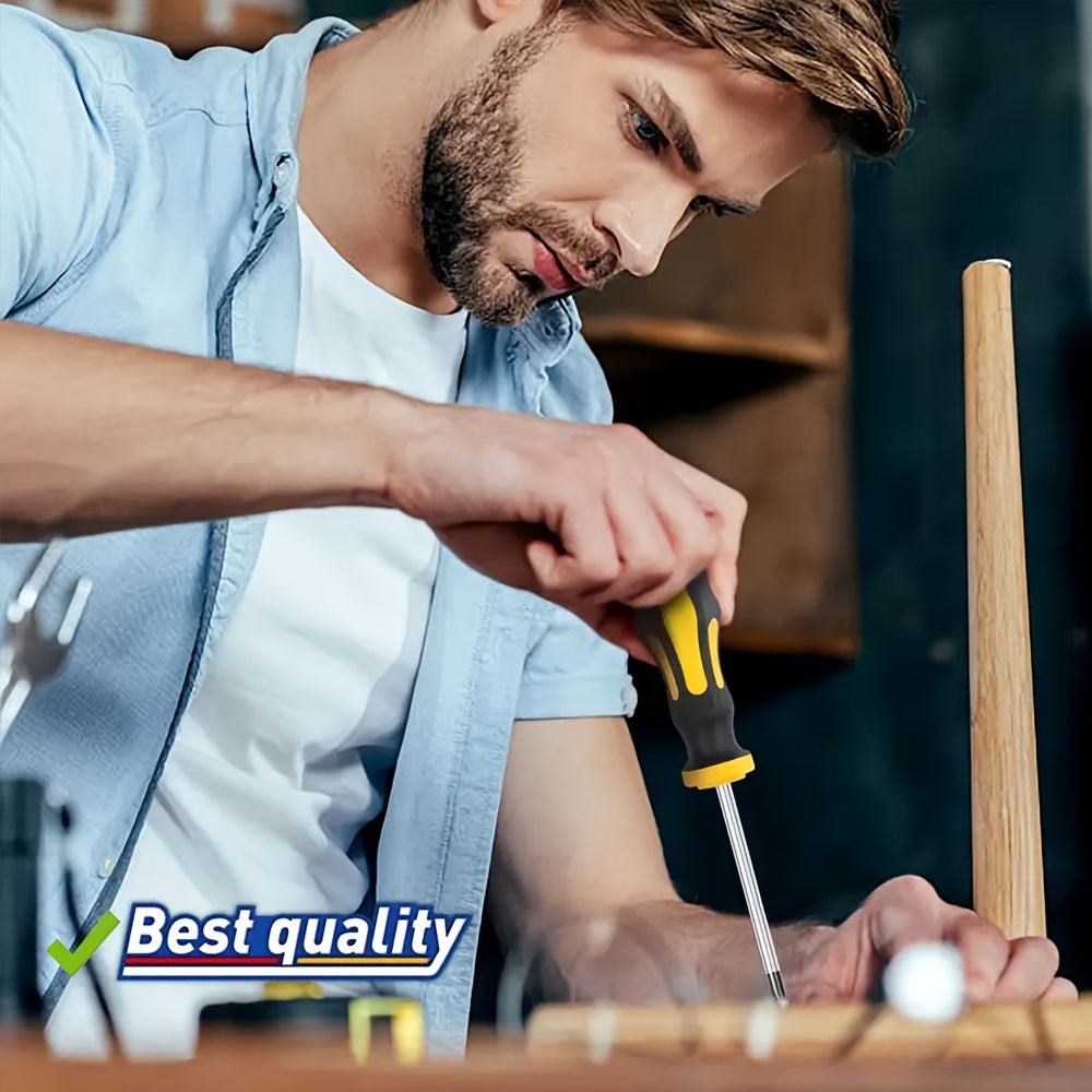 Man using a screwdriver on a wooden object with 'Best quality' text overlay.
