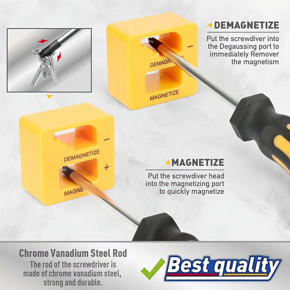 Yellow magnetic tool with screwdriver heads for demagnetizing and magnetizing, on a light gray background.
