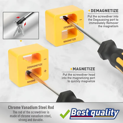 Yellow magnetic tool with screwdriver heads for demagnetizing and magnetizing, on a light gray background.