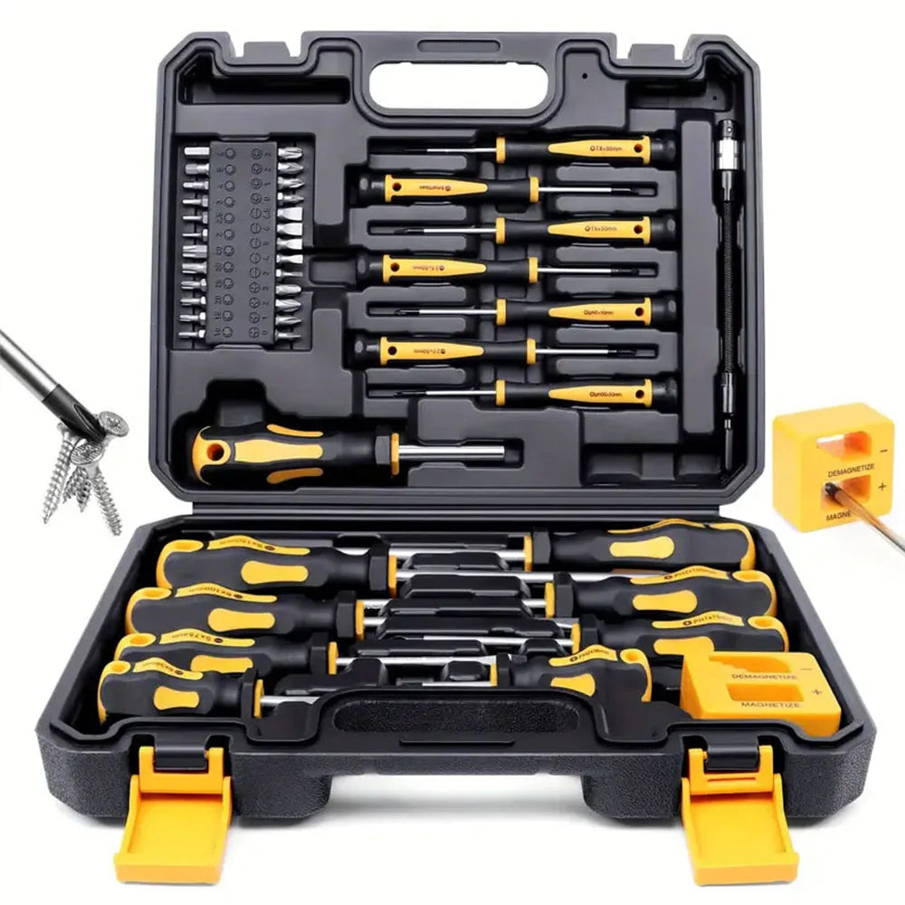 Set of screwdrivers in a black and yellow tool case on a white background