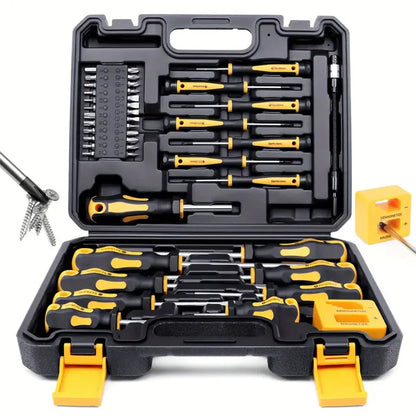 Set of screwdrivers in a black and yellow tool case on a white background