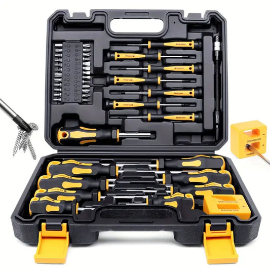 Set of screwdrivers in a black and yellow tool case on a white background