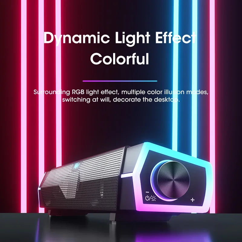 Gaming computer case with RGB lighting effects on a dark background