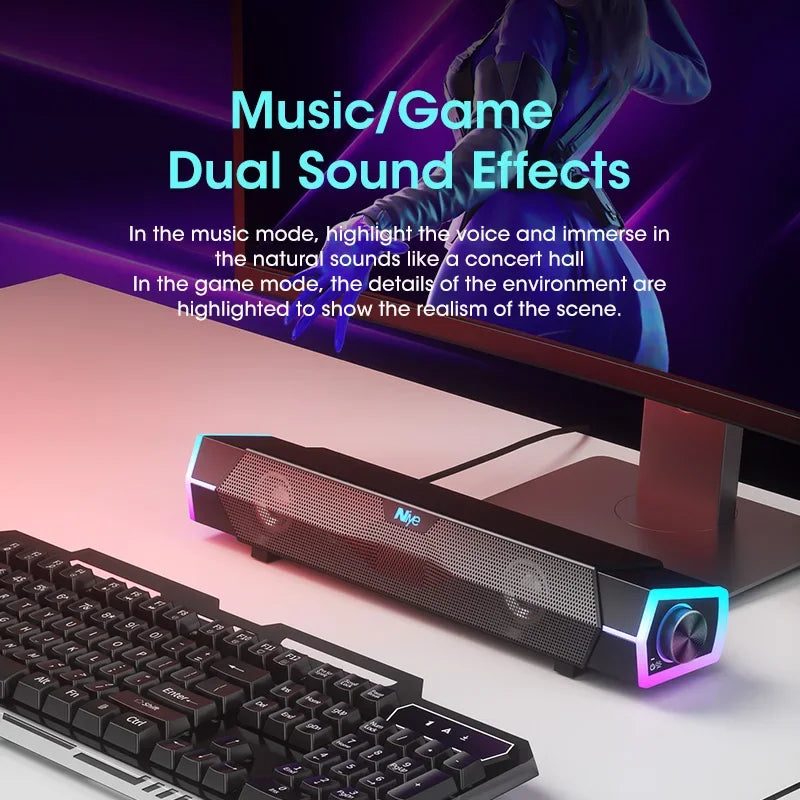 Sound bar with keyboard on desk, text about music/game dual sound effects.