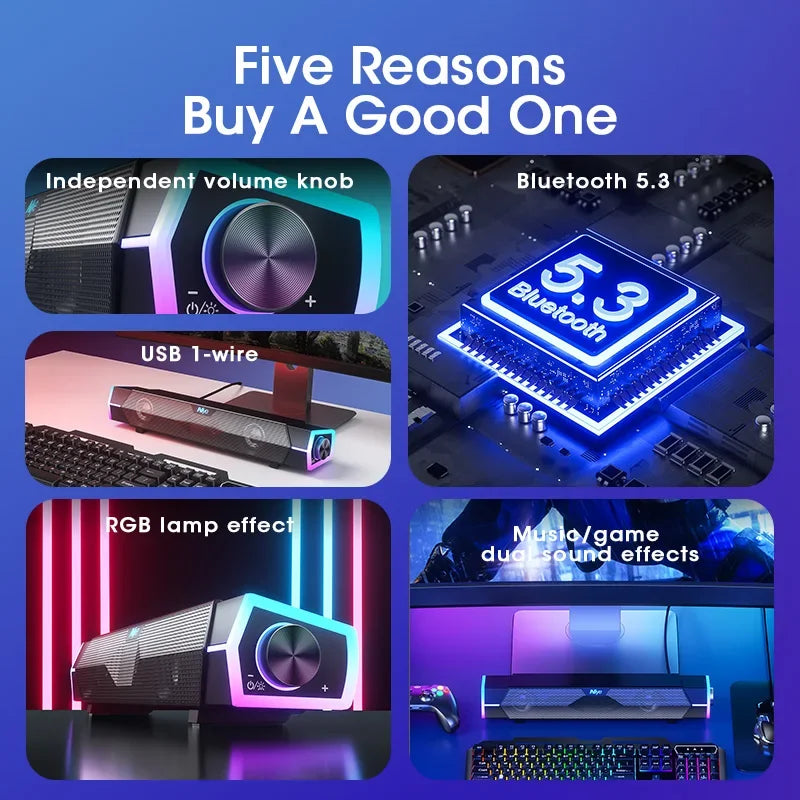 Promotional graphic with five reasons to buy a good product, featuring images of a volume knob, Bluetooth chip, USB connection, RGB lamp effect, and dual sound effects.