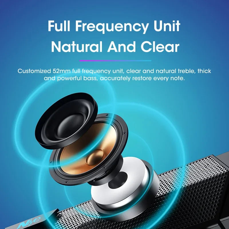 Speaker with text about full frequency unit on a blue background