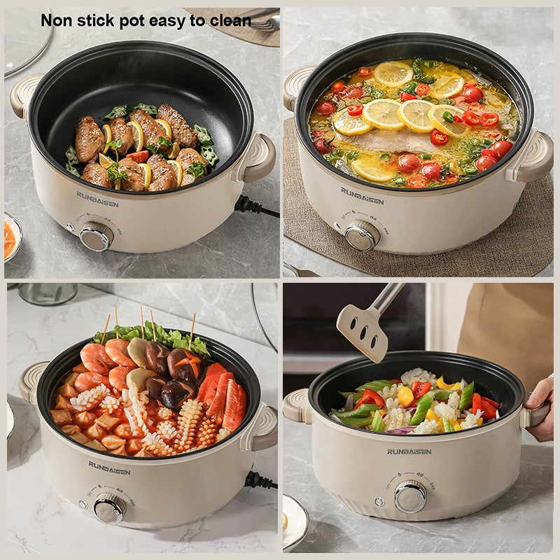 Collage of a non-stick pot with various dishes being prepared.