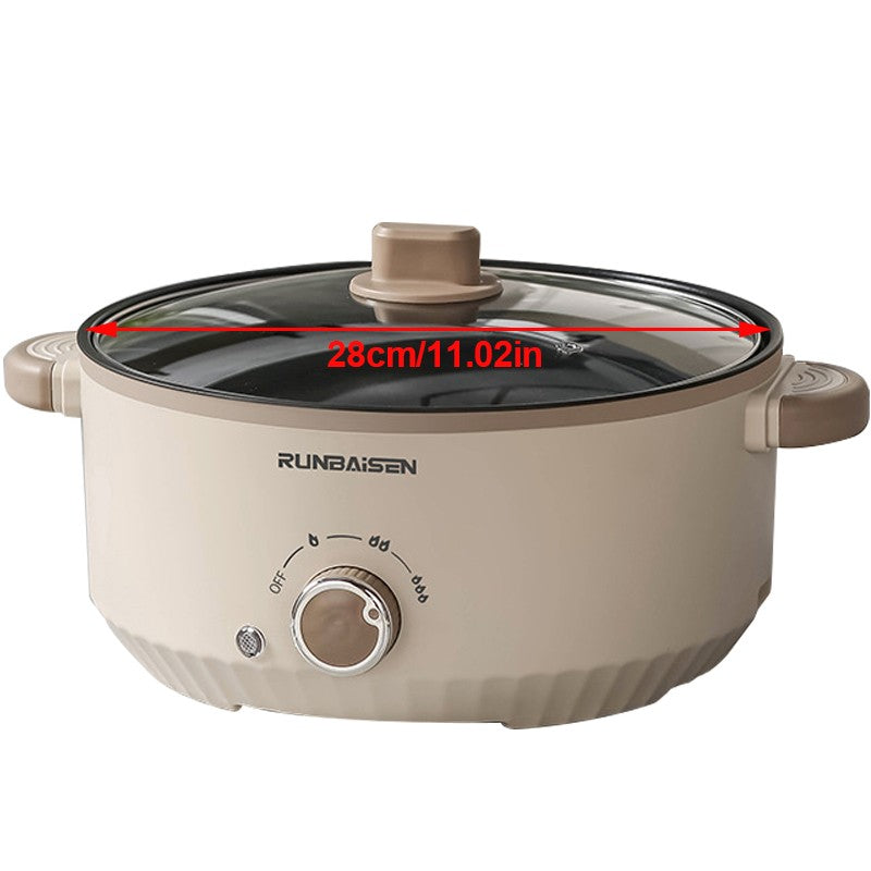 Beige electric pot with a lid, featuring the Runbaisen brand, on a white background.
