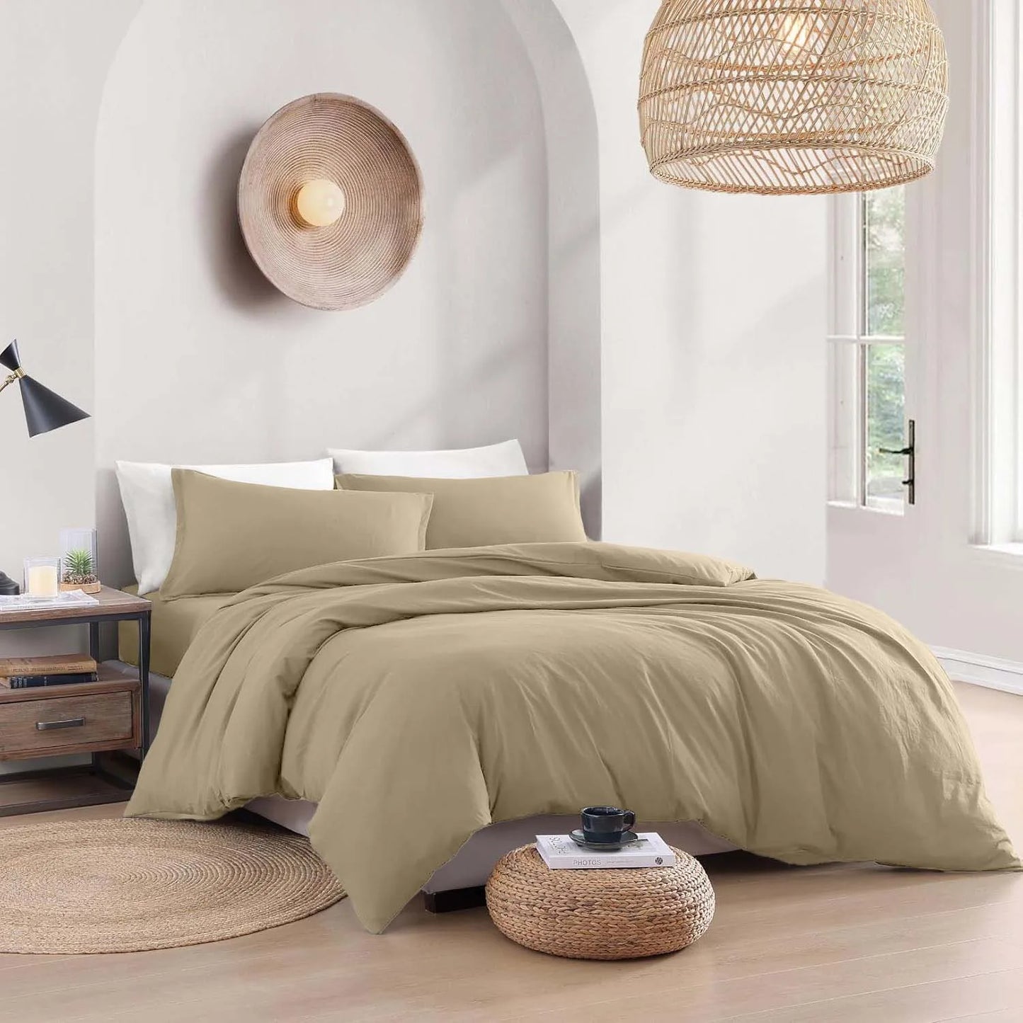 Bedroom with green bedding and natural light