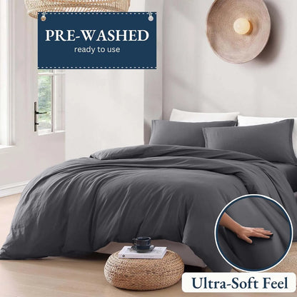 Gray bedding set on a bed with 'Pre-Washed' and 'Ultra-Soft Feel' text overlay.