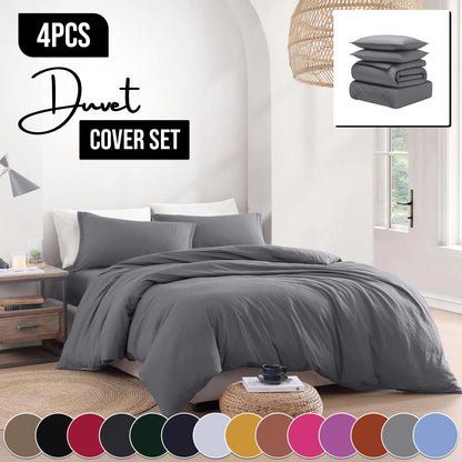 Gray duvet cover set on a bed with color swatches below