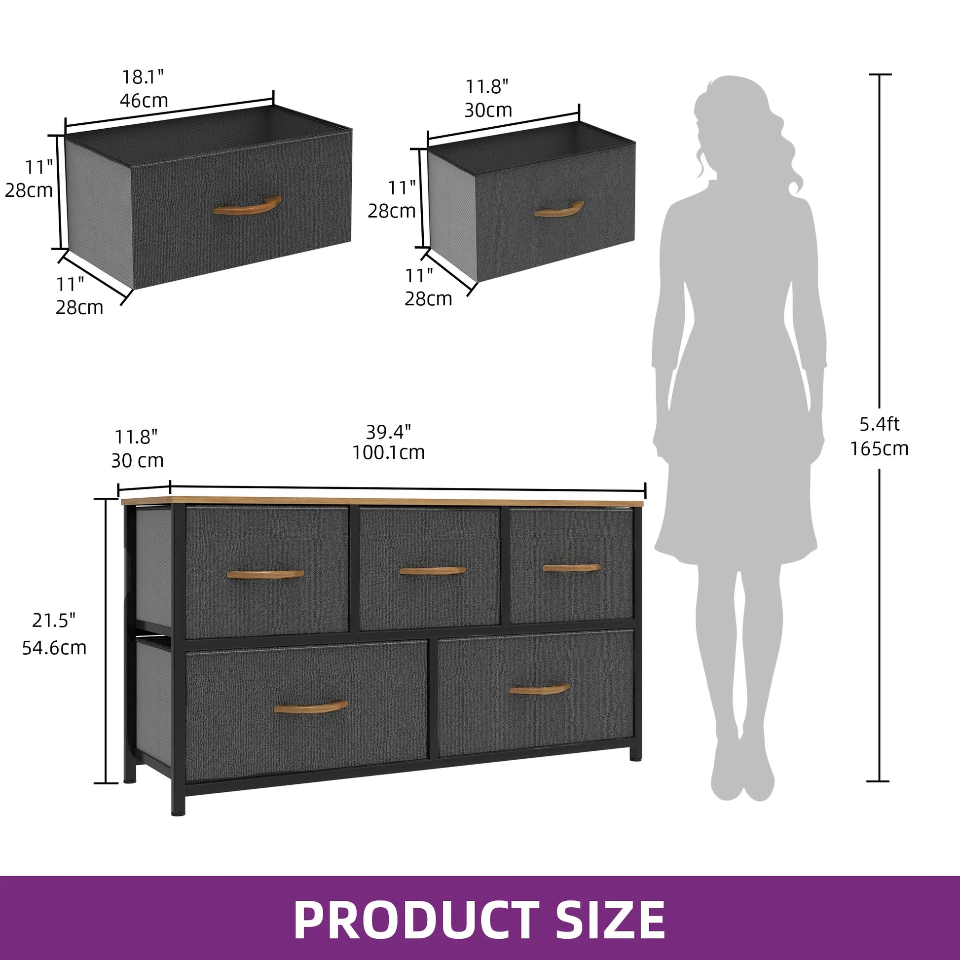 Dimensions of a dresser with drawers and storage boxes, shown with a silhouette of a person for scale.