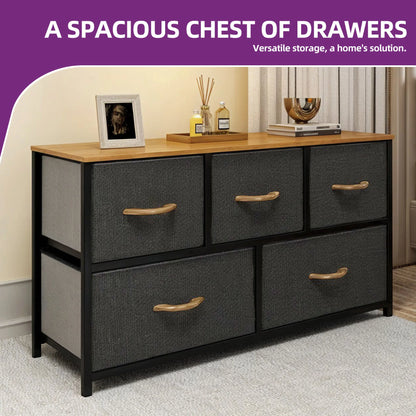 Spacious chest of drawers with gray fabric drawers and wooden top, featuring decorative items.