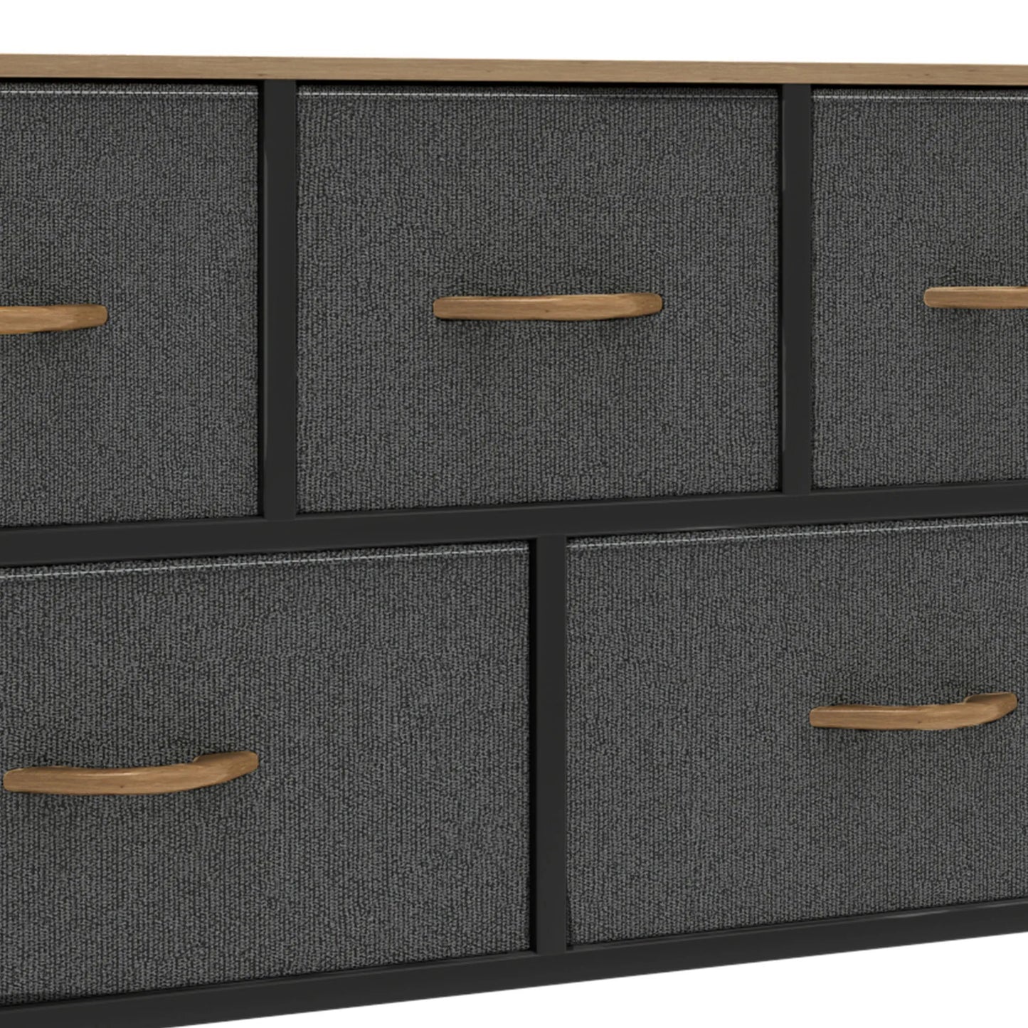 Gray dresser with wooden handles on a white background