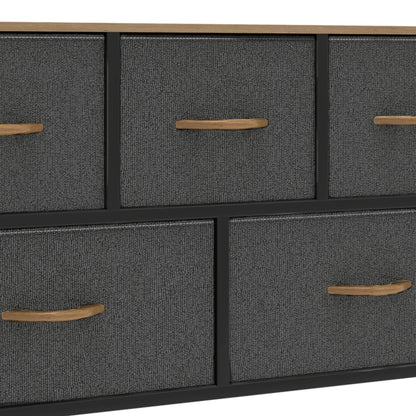Gray dresser with wooden handles on a white background