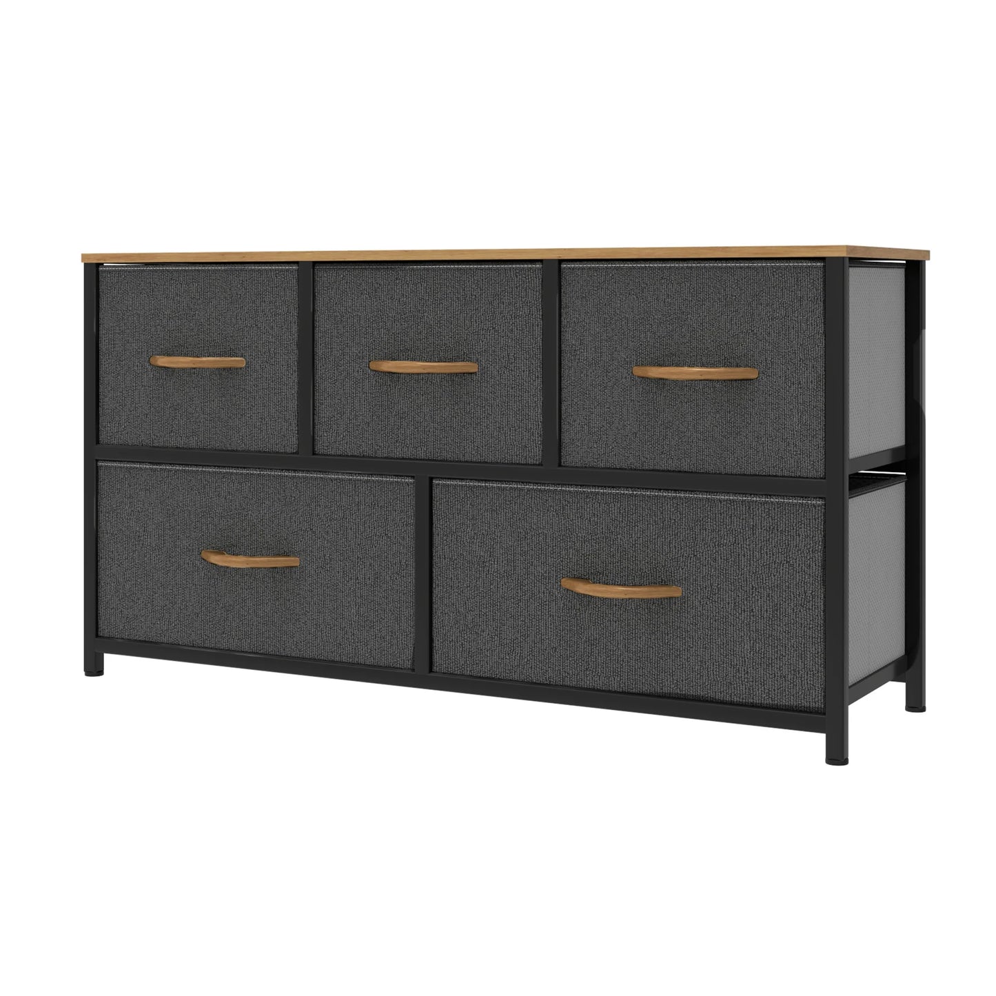 Black dresser with gray drawers and wooden handles on a white background