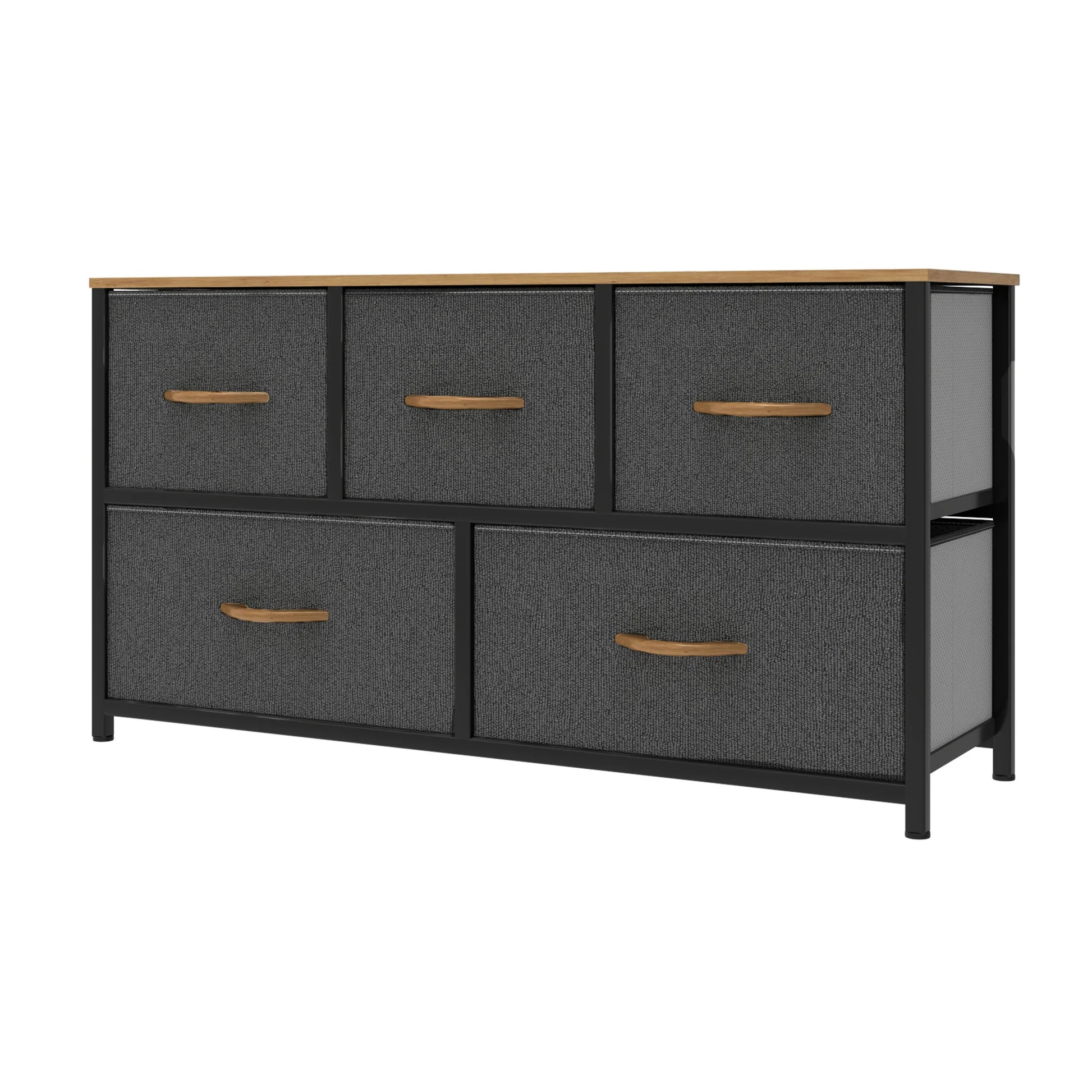 Black dresser with gray drawers and wooden handles on a white background