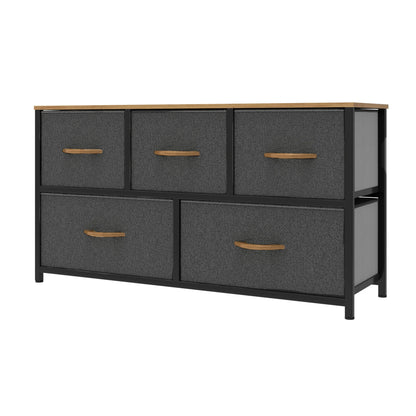 Black dresser with gray drawers and wooden handles on a white background