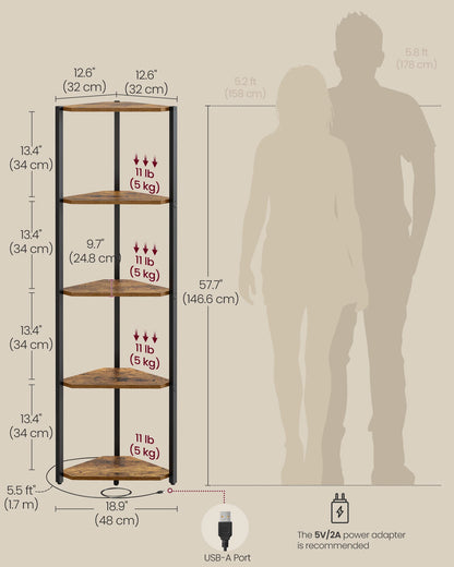 Shelving unit with dimensions and weight capacity shown, alongside a silhouette of a person for scale.