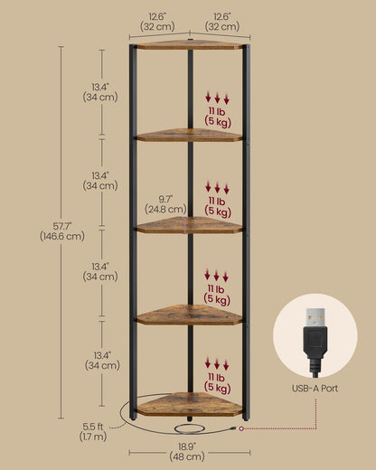 Corner shelf with dimensions and USB-A port feature on a beige background