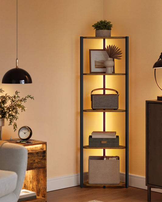 Corner shelf unit with decorative items in a living room setting