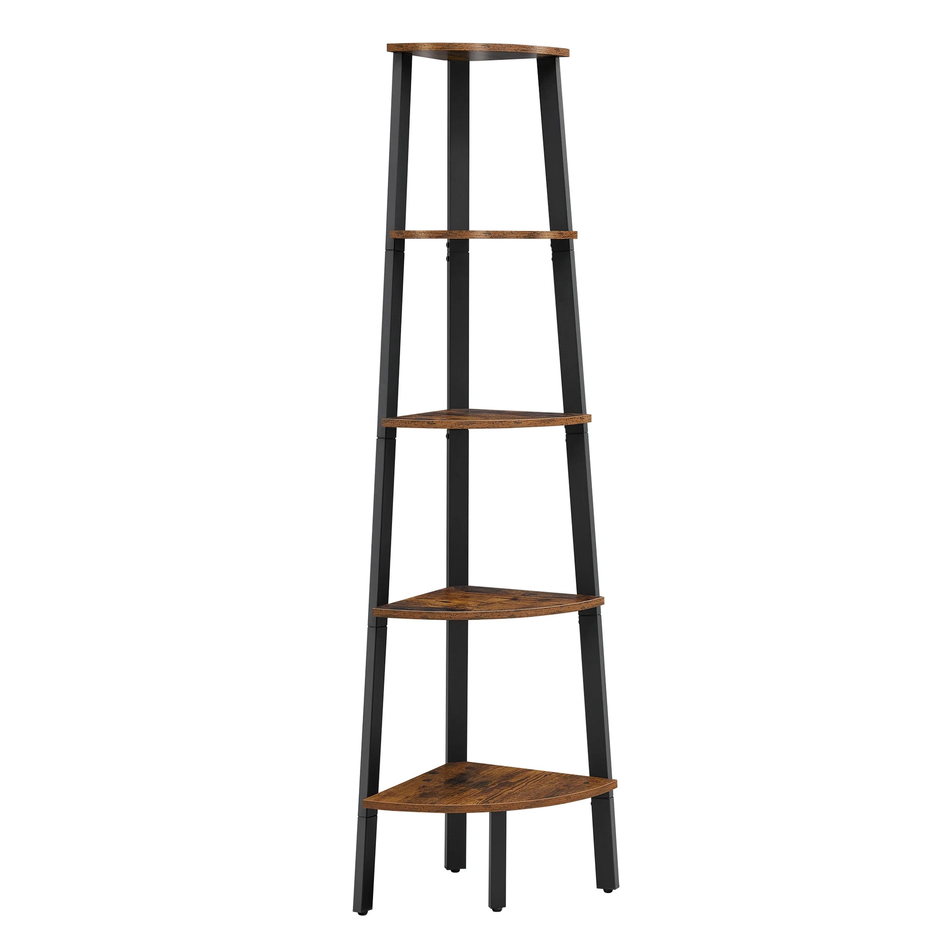 Corner shelf with wooden shelves and black metal legs on a white background
