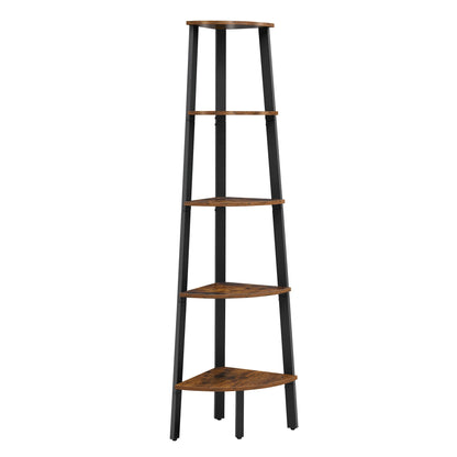 Corner shelf with wooden shelves and black metal legs on a white background
