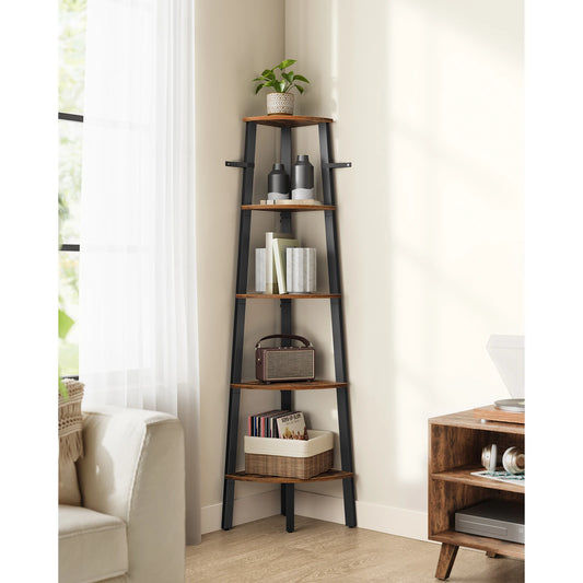 Wooden ladder shelf in a living room setting with decor items on each shelf.