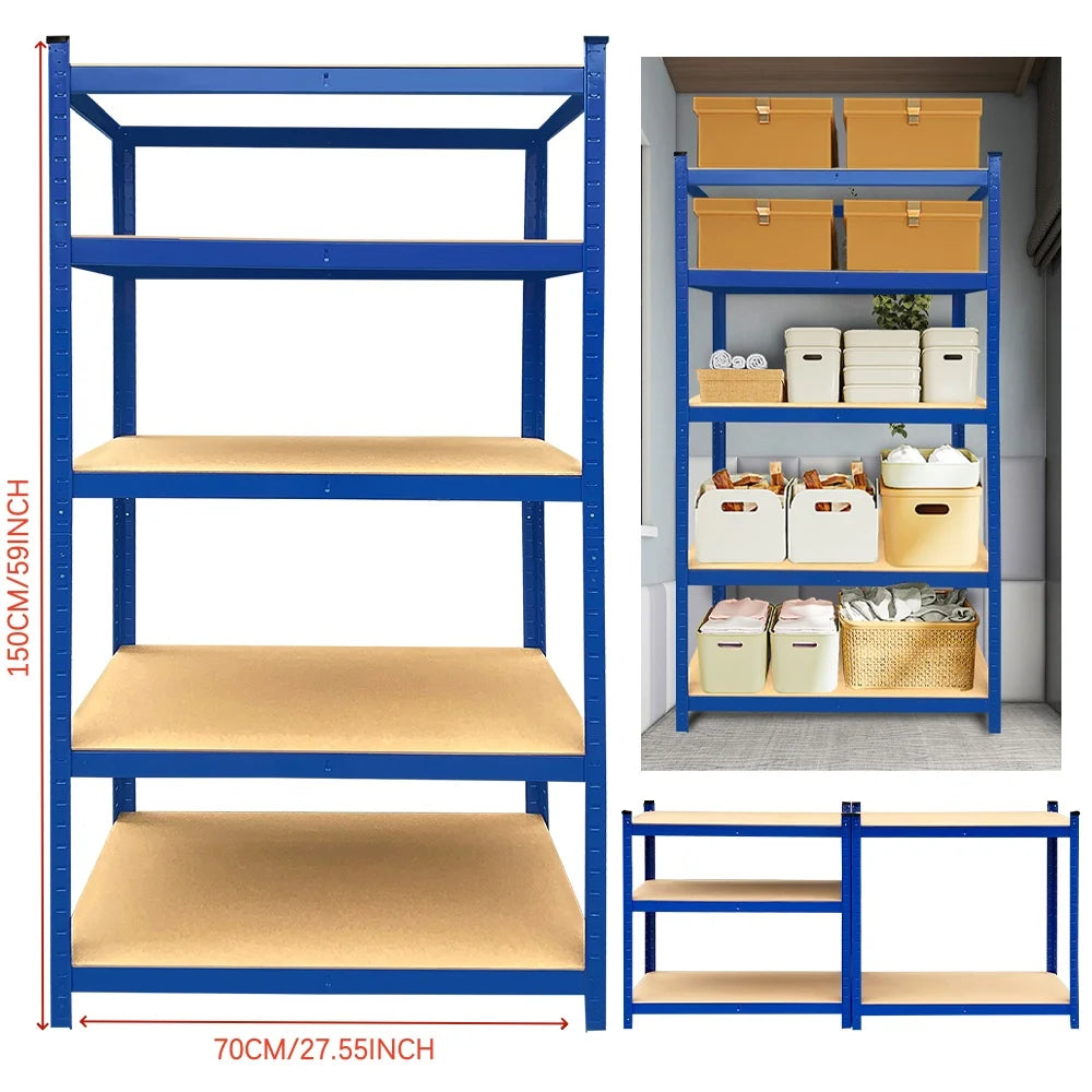 Blue metal shelving unit with wooden shelves, shown with dimensions and in a room setting.