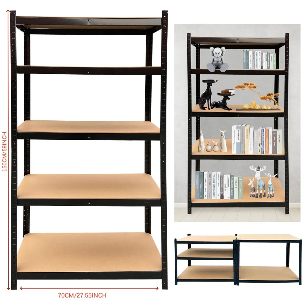 Black metal shelving unit with wooden shelves, shown with dimensions and additional setup on a white background.